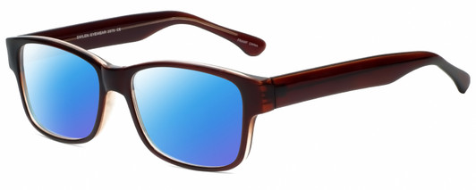 Profile View of 2000 and Beyond 3079 Designer Polarized Sunglasses with Custom Cut Blue Mirror Lenses in Gloss Brown Unisex Square Full Rim Acetate 60 mm