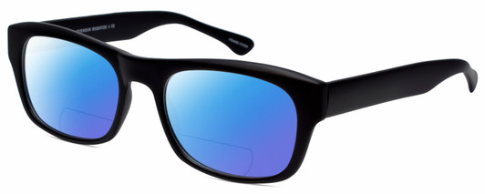 Profile View of Big & Wide 4 Designer Polarized Reading Sunglasses with Custom Cut Powered Blue Mirror Lenses in Black Mens Square Full Rim Acetate 60 mm