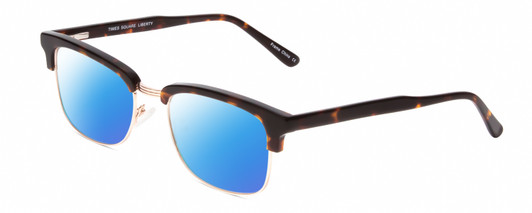 Profile View of Times Square Liberty Designer Polarized Sunglasses with Custom Cut Blue Mirror Lenses in Gold Demi-Tortoise Amber Unisex Panthos Semi-Rimless Metal 55 mm