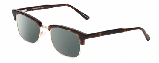 Profile View of Times Square Liberty Designer Polarized Reading Sunglasses with Custom Cut Powered Smoke Grey Lenses in Gold Demi-Tortoise Amber Unisex Panthos Semi-Rimless Metal 55 mm