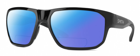 Profile View of Smith Optics Arvo Designer Polarized Reading Sunglasses with Custom Cut Powered Blue Mirror Lenses in Gloss Black Mens Rectangle Full Rim Acetate 61 mm