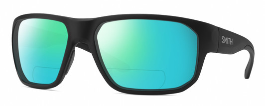 Profile View of Smith Optics Arvo Designer Polarized Reading Sunglasses with Custom Cut Powered Green Mirror Lenses in Matte Black Mens Rectangle Full Rim Acetate 61 mm