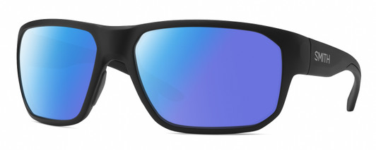 Profile View of Smith Optics Arvo Designer Polarized Sunglasses with Custom Cut Blue Mirror Lenses in Matte Black Mens Rectangle Full Rim Acetate 61 mm