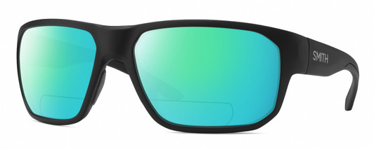 Profile View of Smith Optics Arvo Designer Polarized Reading Sunglasses with Custom Cut Powered Green Mirror Lenses in Matte Black Mens Rectangle Full Rim Acetate 61 mm