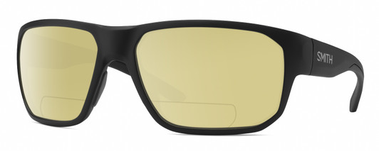 Profile View of Smith Optics Arvo Designer Polarized Reading Sunglasses with Custom Cut Powered Sun Flower Yellow Lenses in Matte Black Mens Rectangle Full Rim Acetate 61 mm