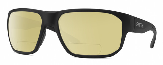 Profile View of Smith Optics Arvo Designer Polarized Reading Sunglasses with Custom Cut Powered Sun Flower Yellow Lenses in Matte Black Mens Rectangle Full Rim Acetate 61 mm