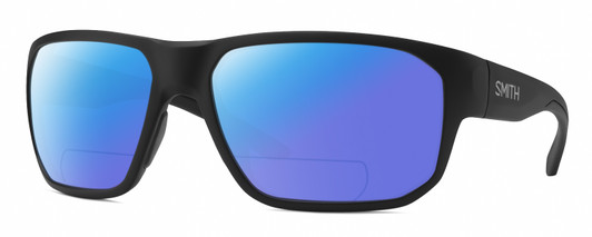 Profile View of Smith Optics Arvo Designer Polarized Reading Sunglasses with Custom Cut Powered Blue Mirror Lenses in Matte Black Mens Rectangle Full Rim Acetate 61 mm
