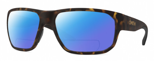 Profile View of Smith Optics Arvo Designer Polarized Reading Sunglasses with Custom Cut Powered Blue Mirror Lenses in Matte Dark Tortoise Havana Brown Gold Mens Rectangle Full Rim Acetate 61 mm