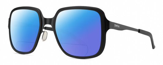 Profile View of Smith Optics Aveline Designer Polarized Reading Sunglasses with Custom Cut Powered Blue Mirror Lenses in Matte Black Unisex Square Full Rim Stainless Steel 55 mm