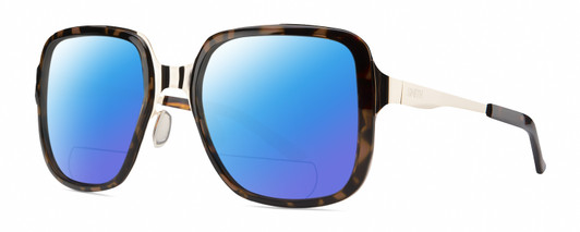Profile View of Smith Optics Aveline Designer Polarized Reading Sunglasses with Custom Cut Powered Blue Mirror Lenses in Tortoise Havana Brown Gold Unisex Square Full Rim Stainless Steel 55 mm