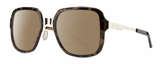 Profile View of Smith Optics Aveline Designer Polarized Reading Sunglasses with Custom Cut Powered Amber Brown Lenses in Tortoise Havana Brown Gold Unisex Square Full Rim Stainless Steel 55 mm