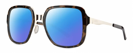 Profile View of Smith Optics Aveline Designer Polarized Sunglasses with Custom Cut Blue Mirror Lenses in Tortoise Havana Brown Gold Unisex Square Full Rim Stainless Steel 55 mm