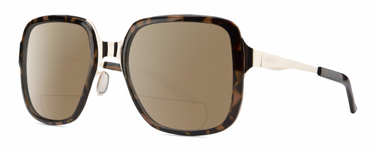 Profile View of Smith Optics Aveline Designer Polarized Reading Sunglasses with Custom Cut Powered Amber Brown Lenses in Tortoise Havana Brown Gold Unisex Square Full Rim Stainless Steel 55 mm