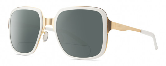 Profile View of Smith Optics Aveline Designer Polarized Reading Sunglasses with Custom Cut Powered Smoke Grey Lenses in White Gold Unisex Square Full Rim Stainless Steel 55 mm