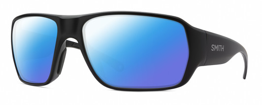 Profile View of Smith Optics Castaway Designer Polarized Sunglasses with Custom Cut Blue Mirror Lenses in Matte Black Unisex Wrap Full Rim Acetate 63 mm