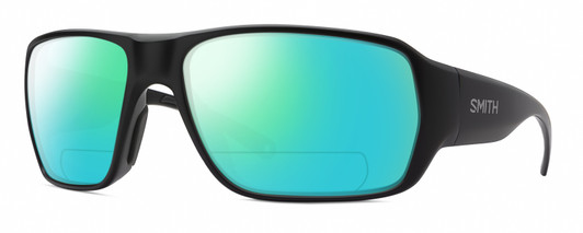 Profile View of Smith Optics Castaway Designer Polarized Reading Sunglasses with Custom Cut Powered Green Mirror Lenses in Matte Black Unisex Wrap Full Rim Acetate 63 mm