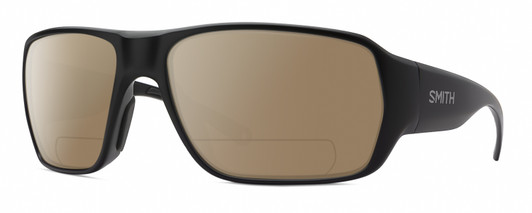 Profile View of Smith Optics Castaway Designer Polarized Reading Sunglasses with Custom Cut Powered Amber Brown Lenses in Matte Black Unisex Wrap Full Rim Acetate 63 mm