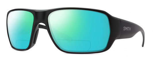 Profile View of Smith Optics Castaway Designer Polarized Reading Sunglasses with Custom Cut Powered Green Mirror Lenses in Matte Black Unisex Wrap Full Rim Acetate 63 mm