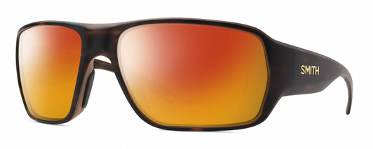 Profile View of Smith Optics Castaway Designer Polarized Sunglasses with Custom Cut Red Mirror Lenses in Matte Tortoise Havana Brown Gold Unisex Wrap Full Rim Acetate 63 mm