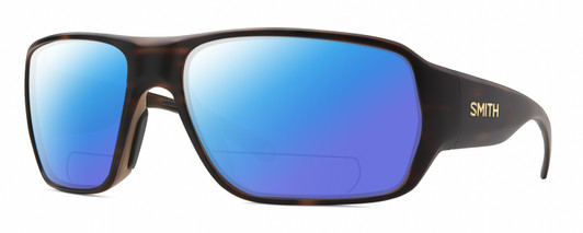 Profile View of Smith Optics Castaway Designer Polarized Reading Sunglasses with Custom Cut Powered Blue Mirror Lenses in Matte Tortoise Havana Brown Gold Unisex Wrap Full Rim Acetate 63 mm