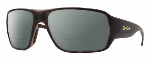 Profile View of Smith Optics Castaway Designer Polarized Reading Sunglasses with Custom Cut Powered Smoke Grey Lenses in Matte Tortoise Havana Brown Gold Unisex Wrap Full Rim Acetate 63 mm