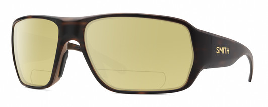 Profile View of Smith Optics Castaway Designer Polarized Reading Sunglasses with Custom Cut Powered Sun Flower Yellow Lenses in Matte Tortoise Havana Brown Gold Unisex Wrap Full Rim Acetate 63 mm