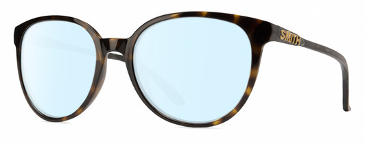Profile View of Smith Optics Cheetah Designer Blue Light Blocking Eyeglasses in Alpine Tortoise Havana Matte Brown Gold Ladies Cateye Full Rim Acetate 54 mm