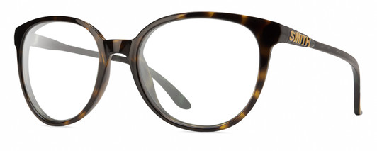 Profile View of Smith Optics Cheetah Designer Progressive Lens Blue Light Blocking Eyeglasses in Alpine Tortoise Havana Matte Brown Gold Ladies Cateye Full Rim Acetate 54 mm