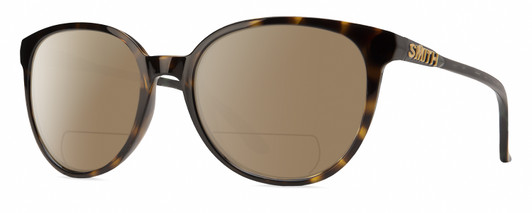 Profile View of Smith Optics Cheetah Designer Polarized Reading Sunglasses with Custom Cut Powered Amber Brown Lenses in Alpine Tortoise Havana Matte Brown Gold Ladies Cateye Full Rim Acetate 54 mm