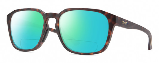 Profile View of Smith Optics Contour Designer Polarized Reading Sunglasses with Custom Cut Powered Green Mirror Lenses in Matte Tortoise Havana Brown Gold Unisex Square Full Rim Acetate 56 mm