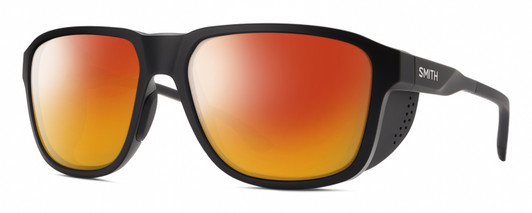 Profile View of Smith Optics Embark Designer Polarized Sunglasses with Custom Cut Red Mirror Lenses in Matte Black Unisex Wrap Full Rim Acetate 58 mm