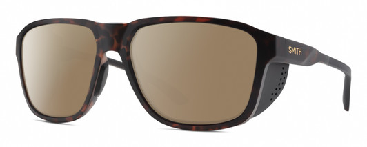Profile View of Smith Optics Embark Designer Polarized Sunglasses with Custom Cut Amber Brown Lenses in Matte Tortoise Havana Brown Gold Unisex Wrap Full Rim Acetate 58 mm