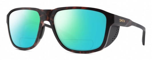 Profile View of Smith Optics Embark Designer Polarized Reading Sunglasses with Custom Cut Powered Green Mirror Lenses in Matte Tortoise Havana Brown Gold Unisex Wrap Full Rim Acetate 58 mm