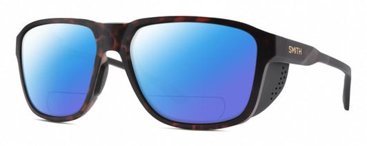 Profile View of Smith Optics Embark Designer Polarized Reading Sunglasses with Custom Cut Powered Blue Mirror Lenses in Matte Tortoise Havana Brown Gold Unisex Wrap Full Rim Acetate 58 mm