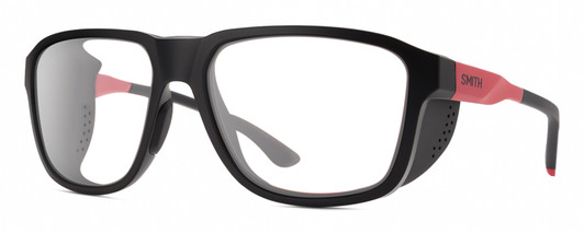 Profile View of Smith Optics Embark Designer Progressive Lens Blue Light Blocking Eyeglasses in TNF Matte Black/Horizon Red Unisex Wrap Full Rim Acetate 58 mm