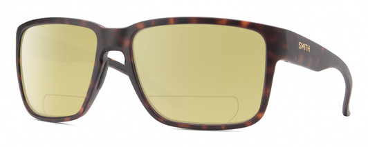 Profile View of Smith Optics Emerge Designer Polarized Reading Sunglasses with Custom Cut Powered Sun Flower Yellow Lenses in Matte Tortoise Havana Brown Gold Unisex Square Full Rim Acetate 60 mm