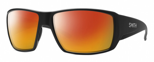 Profile View of Smith Optics Guides Choice Designer Polarized Sunglasses with Custom Cut Red Mirror Lenses in Matte Black Unisex Rectangle Full Rim Acetate 62 mm