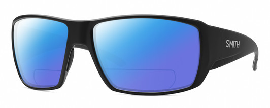 Profile View of Smith Optics Guides Choice Designer Polarized Reading Sunglasses with Custom Cut Powered Blue Mirror Lenses in Matte Black Unisex Rectangle Full Rim Acetate 62 mm