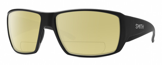 Profile View of Smith Optics Guides Choice Designer Polarized Reading Sunglasses with Custom Cut Powered Sun Flower Yellow Lenses in Matte Black Unisex Rectangle Full Rim Acetate 62 mm