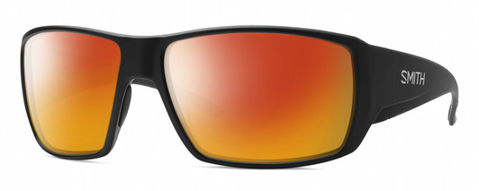 Profile View of Smith Optics Guides Choice Designer Polarized Sunglasses with Custom Cut Red Mirror Lenses in Matte Black Unisex Rectangle Full Rim Acetate 62 mm