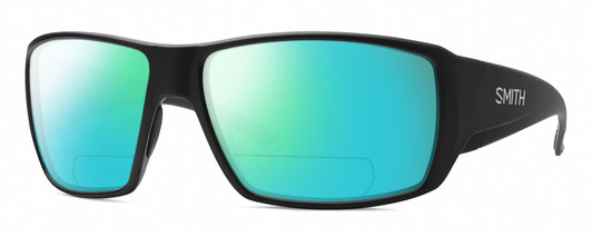 Profile View of Smith Optics Guides Choice Designer Polarized Reading Sunglasses with Custom Cut Powered Green Mirror Lenses in Matte Black Unisex Rectangle Full Rim Acetate 62 mm