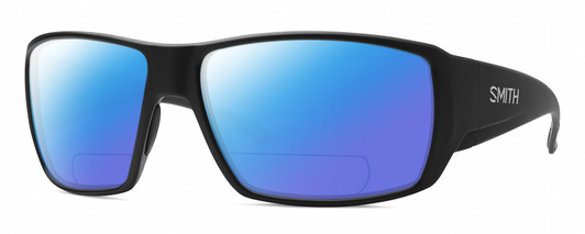 Profile View of Smith Optics Guides Choice Designer Polarized Reading Sunglasses with Custom Cut Powered Blue Mirror Lenses in Matte Black Unisex Rectangle Full Rim Acetate 62 mm