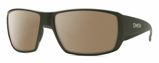 Profile View of Smith Optics Guides Choice Designer Polarized Sunglasses with Custom Cut Amber Brown Lenses in Matte Moss Green Unisex Rectangle Full Rim Acetate 62 mm