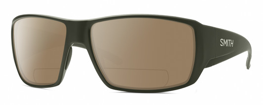 Profile View of Smith Optics Guides Choice Designer Polarized Reading Sunglasses with Custom Cut Powered Amber Brown Lenses in Matte Moss Green Unisex Rectangle Full Rim Acetate 62 mm