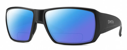 Profile View of Smith Optics Guides Choice S Designer Polarized Reading Sunglasses with Custom Cut Powered Blue Mirror Lenses in Matte Black Unisex Rectangle Full Rim Acetate 58 mm