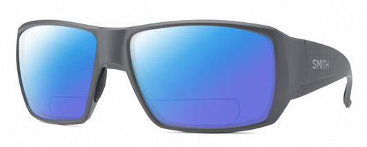 Profile View of Smith Optics Guides Choice S Designer Polarized Reading Sunglasses with Custom Cut Powered Blue Mirror Lenses in Matte Cement Grey Unisex Rectangle Full Rim Acetate 58 mm