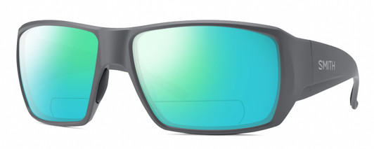 Profile View of Smith Optics Guides Choice S Designer Polarized Reading Sunglasses with Custom Cut Powered Green Mirror Lenses in Matte Cement Grey Unisex Rectangle Full Rim Acetate 58 mm