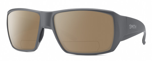 Profile View of Smith Optics Guides Choice S Designer Polarized Reading Sunglasses with Custom Cut Powered Amber Brown Lenses in Matte Cement Grey Unisex Rectangle Full Rim Acetate 58 mm