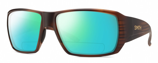 Profile View of Smith Optics Guides Choice S Designer Polarized Reading Sunglasses with Custom Cut Powered Green Mirror Lenses in Matte Tortoise Havana Brown Gold Unisex Rectangle Full Rim Acetate 58 mm