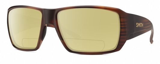 Profile View of Smith Optics Guides Choice S Designer Polarized Reading Sunglasses with Custom Cut Powered Sun Flower Yellow Lenses in Matte Tortoise Havana Brown Gold Unisex Rectangle Full Rim Acetate 58 mm